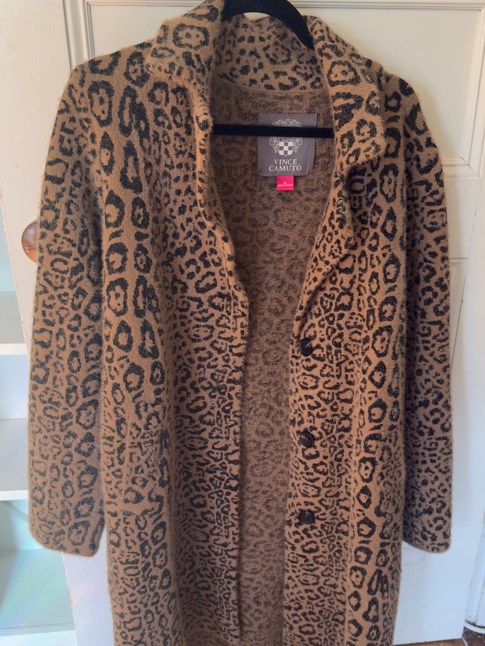 Vince Camuto Camel and Black Leopard Print Open Front Coatigan